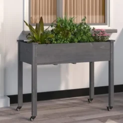 Odlingslåda på hjul med foder grå 118x59x80 cm massivt granträ