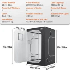 Odlingstält, 122x122x203 cm, Svart, 2000D Oxfordtyg