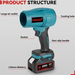 ONEVAN 2000W Borstlös Elektrisk Turbo Blåsare – Kraftfull Lövblåsare & Rengöringsfläkt för Damm, Snö och Biltork – Kompatibel med Makita 18V Batteri | CDON