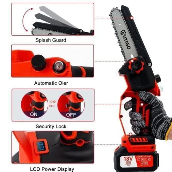 OUTIGO 6 tums sladdlös elektrisk motorsåg med 2 batterier (2*3000mAh), 3 kedjor + 1 kedjesvärd
