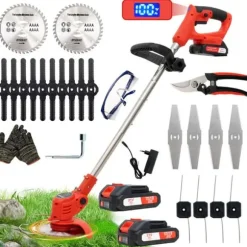 OUTIGO Trådlös Elektrisk Röjmakare, Gräsklippare med 2 Batterier och 4 Typer av Knivar, Justerbart Handtag, Fällbar