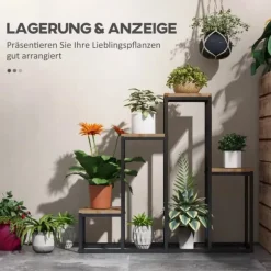 Outsunny Blomsterhylla i Gran och St stali, 4 plan, svart/ljusbrun, 80x20x74 cm