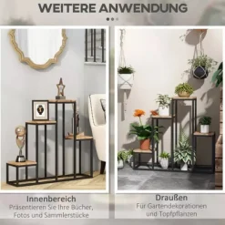 Outsunny Blomsterhylla i Gran och St stali, 4 plan, svart/ljusbrun, 80x20x74 cm