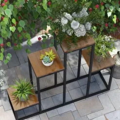 Outsunny Blomsterhylla i Gran och St stali, 4 plan, svart/ljusbrun, 80x20x74 cm