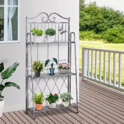 Outsunny Blomsterhylla i Metall med 3 fack, Silvergrå, 44x25x96cm