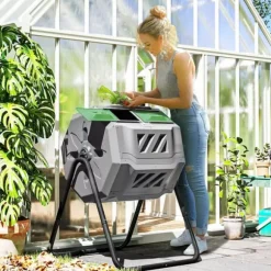 Outsunny Kompostbehållare 160L, vridbar, dubbelkammare, grå, stål/PP