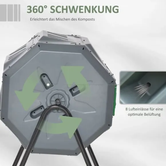 Outsunny Kompostbehållare 160L, vridbar, dubbelkammare, grå, stål/PP