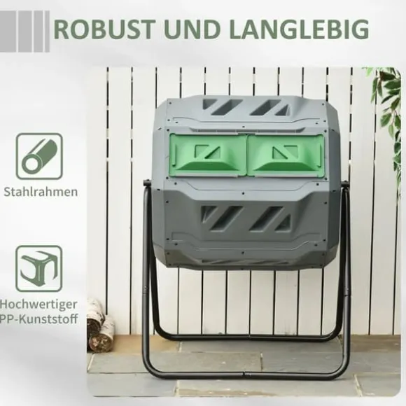 Outsunny Kompostbehållare 160L, vridbar, dubbelkammare, grå, stål/PP