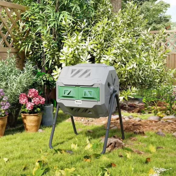 Outsunny Kompostbehållare 160L, vridbar, dubbelkammare, grå, stål/PP