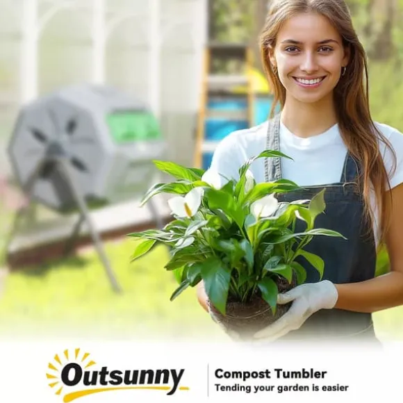 Outsunny Kompostbehållare 160L, vridbar, dubbelkammare, grå, stål/PP