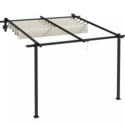 Outsunny Pergola 3x3m med infällbart tak, väggmonterad, vindtålig & vattentät, creme polyester