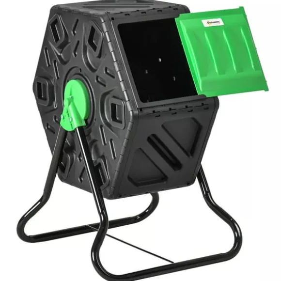 Outsunny Snurrkompost 65L i Plast Grön/Svart - Vädertålig Trädgårdskompost med Ventilationssystem