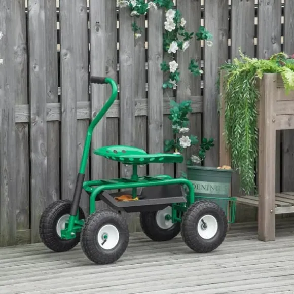 Outsunny Trädgårdsvagn med Svängbar Sits, Höjdjusterbar - Grön Metall, 150 kg
