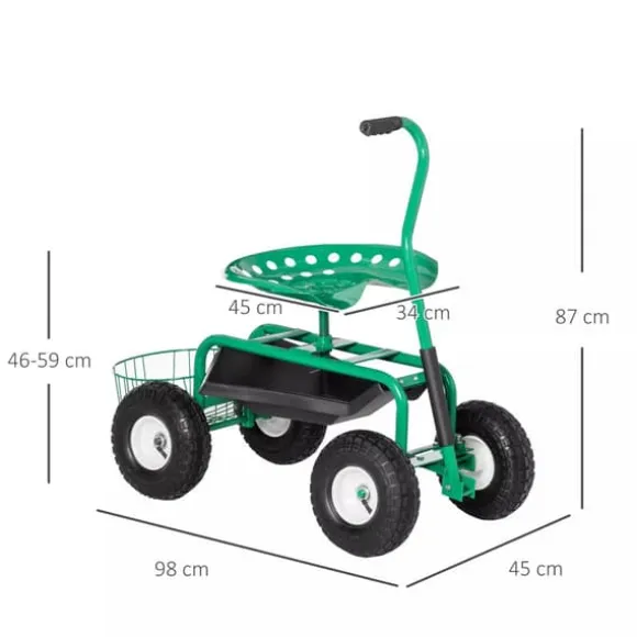 Outsunny Trädgårdsvagn med Svängbar Sits, Höjdjusterbar - Grön Metall, 150 kg