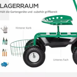 Outsunny Trädgårdsvagn med Svängbar Sits, Höjdjusterbar - Grön Metall, 150 kg
