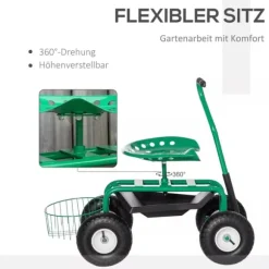 Outsunny Trädgårdsvagn med Svängbar Sits, Höjdjusterbar - Grön Metall, 150 kg