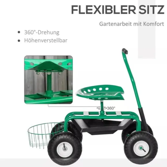 Outsunny Trädgårdsvagn med Svängbar Sits, Höjdjusterbar - Grön Metall, 150 kg
