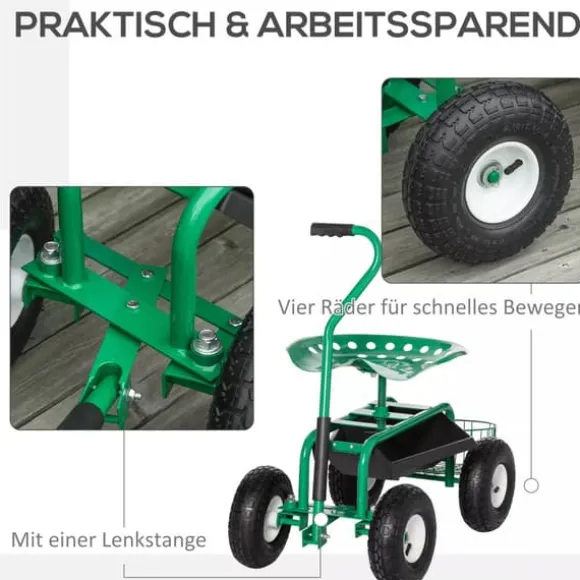 Outsunny Trädgårdsvagn med Svängbar Sits, Höjdjusterbar - Grön Metall, 150 kg