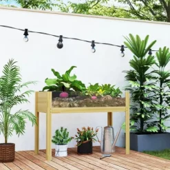 Outsunny Upphöjd Planteringslåda i Naturträ med Akrylpaneler och Dränering, Trädlåda för Trädgård och Balkong, 110x50x80 cm