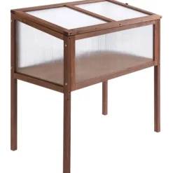 Outsunny Upphöjd planteringslåda i granträ, Växthusbord med PC-skiva, för trädgård och balkong, brun, 90x50x93cm