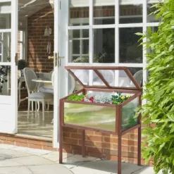 Outsunny Upphöjd planteringslåda i granträ, Växthusbord med PC-skiva, för trädgård och balkong, brun, 90x50x93cm