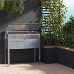 Outsunny Upphöjt Trädgårdsland i Tannenholz med Värmetält 2-i-1 Växthus, Tomathus, Grönskaksland, Polykarbonat, Grå, 120x54x112/122cm