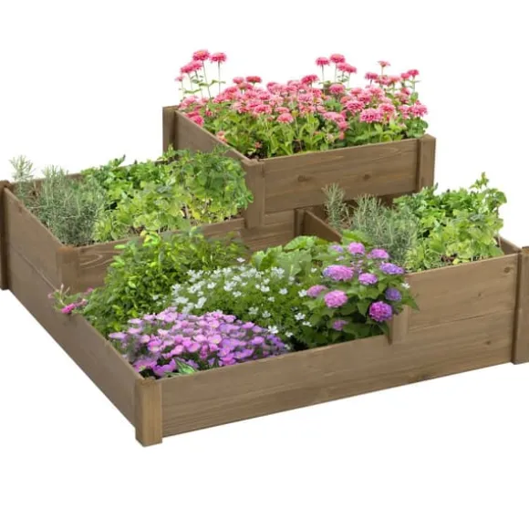 Outsunny Upph`ojt odlingslada i Tannenholz, planteringslada med flera nivaer for terrass & balkong, Brun