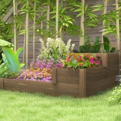 Outsunny Upph`ojt odlingslada i Tannenholz, planteringslada med flera nivaer for terrass & balkong, Brun