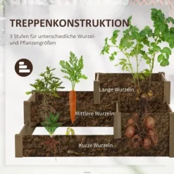 Outsunny Upph`ojt odlingslada i Tannenholz, planteringslada med flera nivaer for terrass & balkong, Brun
