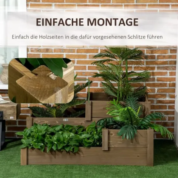 Outsunny Upph`ojt odlingslada i Tannenholz, planteringslada med flera nivaer for terrass & balkong, Brun