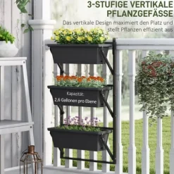 Outsunny Vertikal Växtställ i Mörkgrått Stål och Plast, 56x42 cm, 3 Krukor