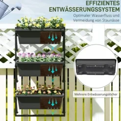 Outsunny Vertikal Växtställ i Mörkgrått Stål och Plast, 56x42 cm, 3 Krukor