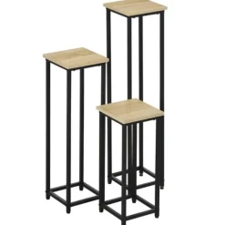 Outsunny Växtställ Set 3-delad blomsterpall & blomkruksställ i stål, Svart+Natur