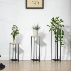 Outsunny Växtställ Set 3-delad blomsterpall & blomkruksställ i stål, Svart+Natur