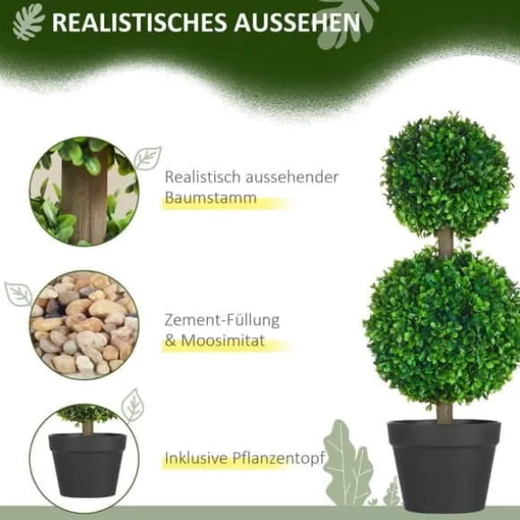 2-pack konstgjord buxbom 60 cm dubbelkula, UV-skydd, för hem & trädgård