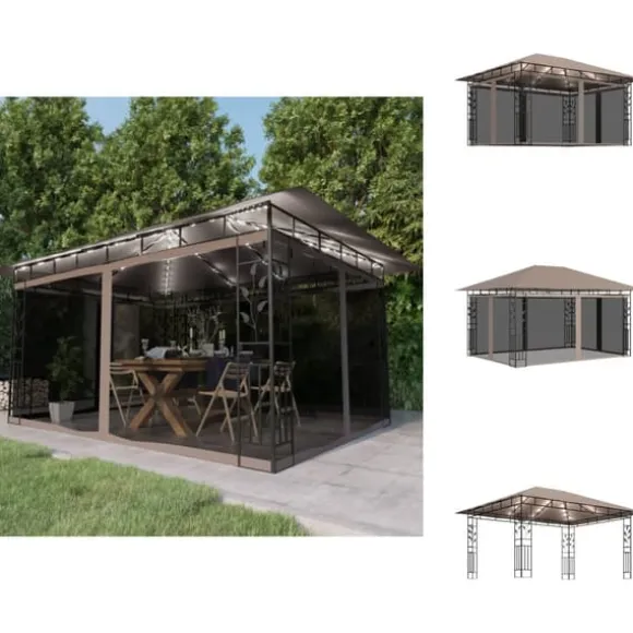 Partytält & paviljoner - Living Paviljong myggnät och ljusslinga LED 4x3x2,73 m taupe 180 g/m²