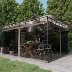 Partytält & paviljoner - Living Paviljong myggnät och ljusslinga LED 4x3x2,73 m taupe 180 g/m²