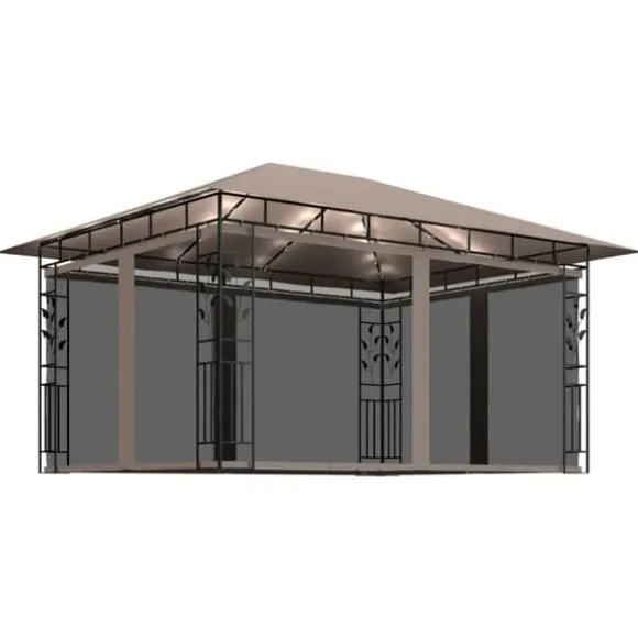 Partytält & paviljoner - Living Paviljong myggnät och ljusslinga LED 4x3x2,73 m taupe 180 g/m²