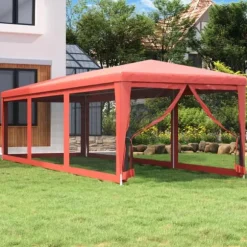 Partytält med 8 sidoväggar i nät - Vattentålig paviljong | Färg: Röd | Storlek: 3x9 m