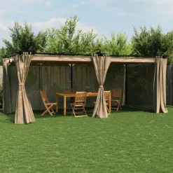 Paviljong med draperi - Robust uteplatslösning | Färg: Taupe | Storlek: 6x3 m