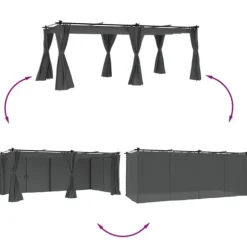 Paviljong med draperi i antracit - Utemöbler för avkoppling | Storlek: 6x3 m | Material: Stål