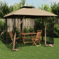 Paviljong med dubbelt tak och nätväggar - Utomhusavkoppling | Färg: Taupe | Storlek: 2,94x2,94 m