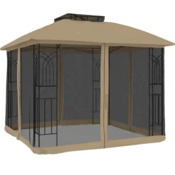 Paviljong med dubbelt tak och nätväggar - Utomhusavkoppling | Färg: Taupe | Storlek: 2,94x2,94 m