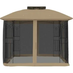 Paviljong med dubbelt tak och nätväggar - Utomhusavkoppling | Färg: Taupe | Storlek: 2,94x2,94 m