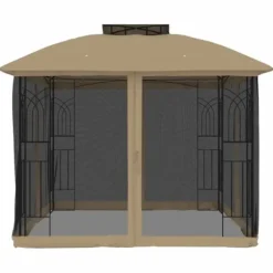 Paviljong med dubbelt tak och nätväggar - Utomhusavkoppling | Färg: Taupe | Storlek: 2,94x2,94 m