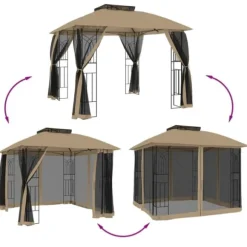 Paviljong med dubbelt tak och nätväggar - Utomhusavkoppling | Färg: Taupe | Storlek: 2,94x2,94 m