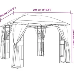 Paviljong med dubbelt tak och nätväggar - Utomhusavkoppling | Färg: Taupe | Storlek: 2,94x2,94 m