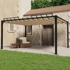 Paviljong med lamelltak 3x4 m taupe tyg och aluminium