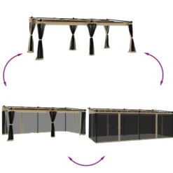 Paviljong med nätväggar taupe 6x3 m stål