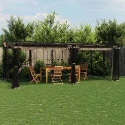 Paviljong med nätväggar taupe 6x3 m stål